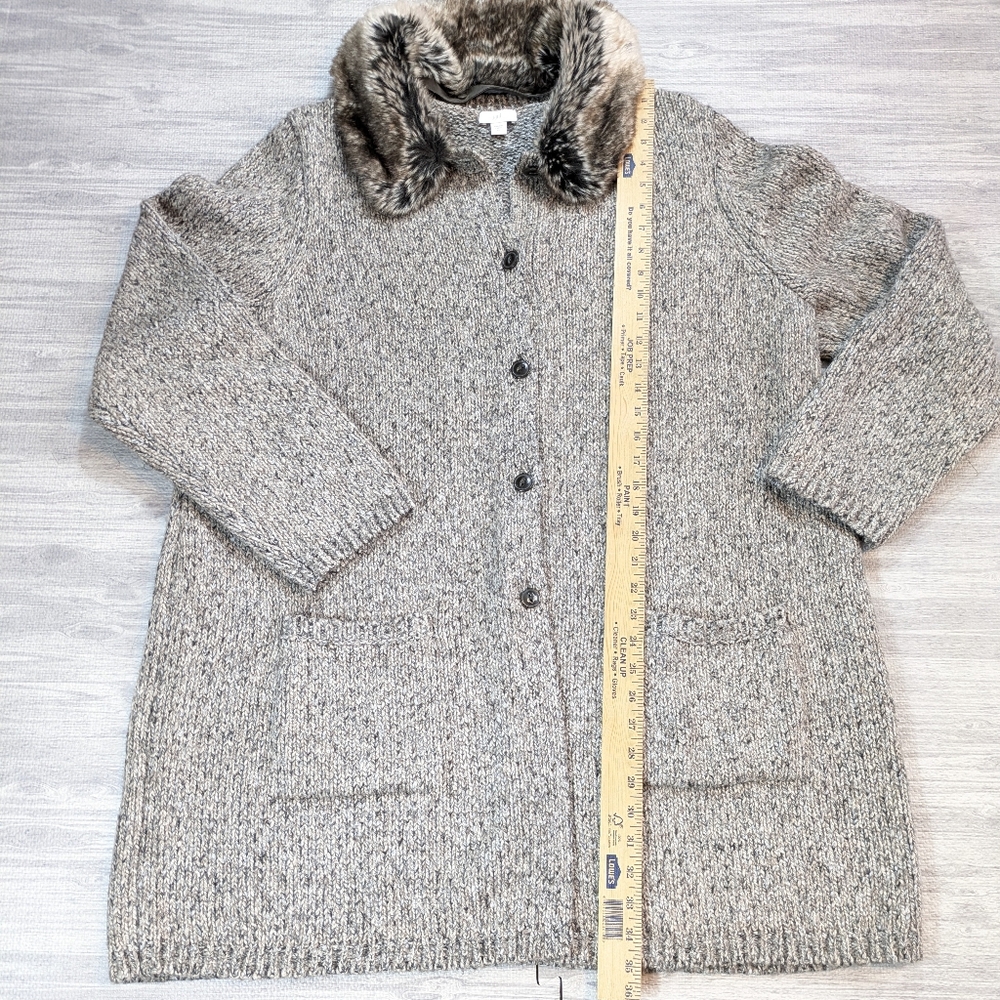J Jill Women's Tweed Cardigan Sweater Coat Long Cardigan Faux Fur Collar XL - Picture 8 of 12